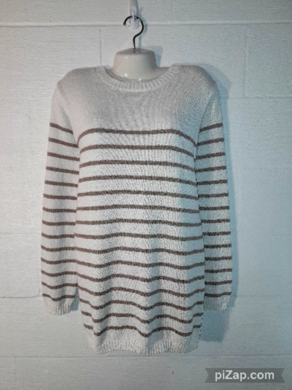 Merokeety Women's XL Long Tunic Sweater Crew Neck Stretch Tan White Striped Fall